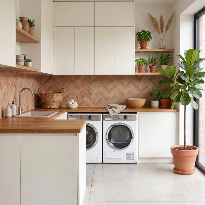 Pure Matte Off-White vinyl wrapped laundry with washing machine and dryer, wooden countertops, and decorative plants.