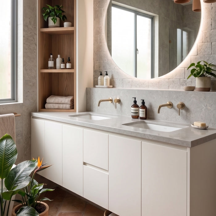 Modern bathroom with vanity vinyl wrapped in white vinyl