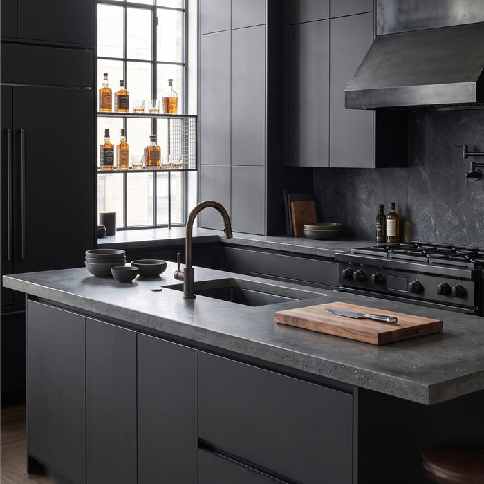 Modern kitchen with black vinyl wrapped kitchen cupboards