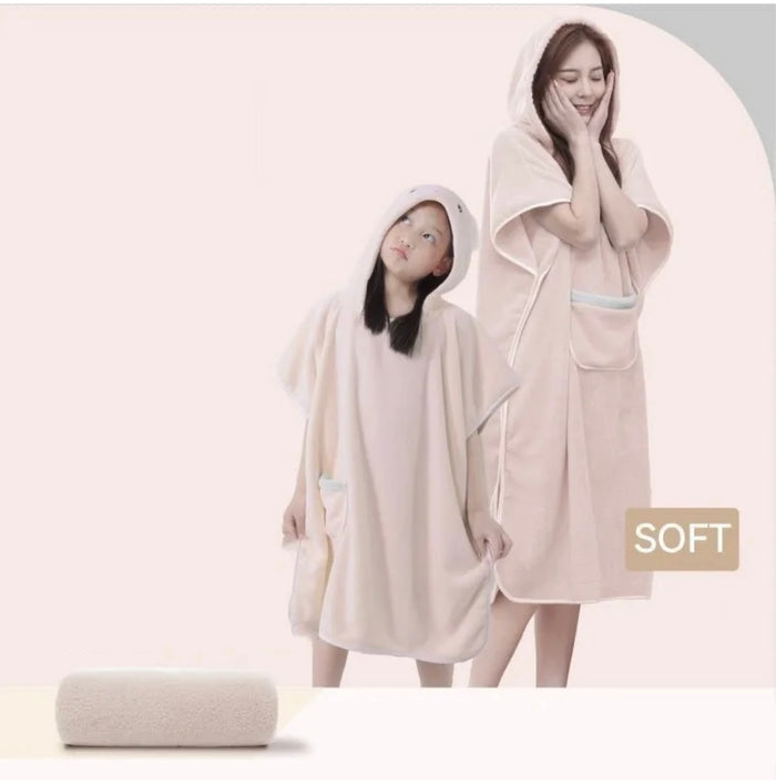 Showcasing Beige color Quick-Drying Hooded Bathrobe worn by a Woman and a Child