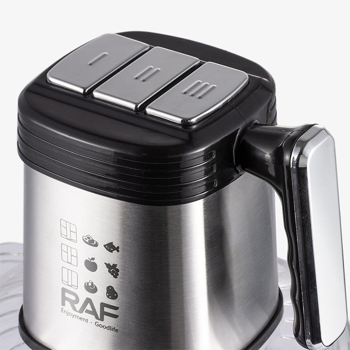 RAF 3L Electric Food Processor with black lid and handle, featuring RAF branding.