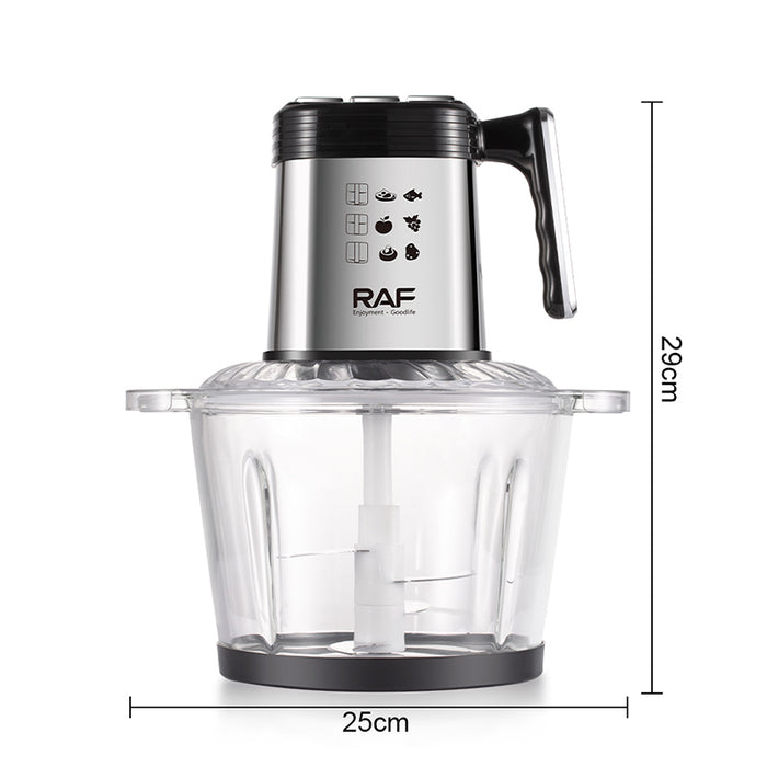 RAF food chopper with dimensions on a white background