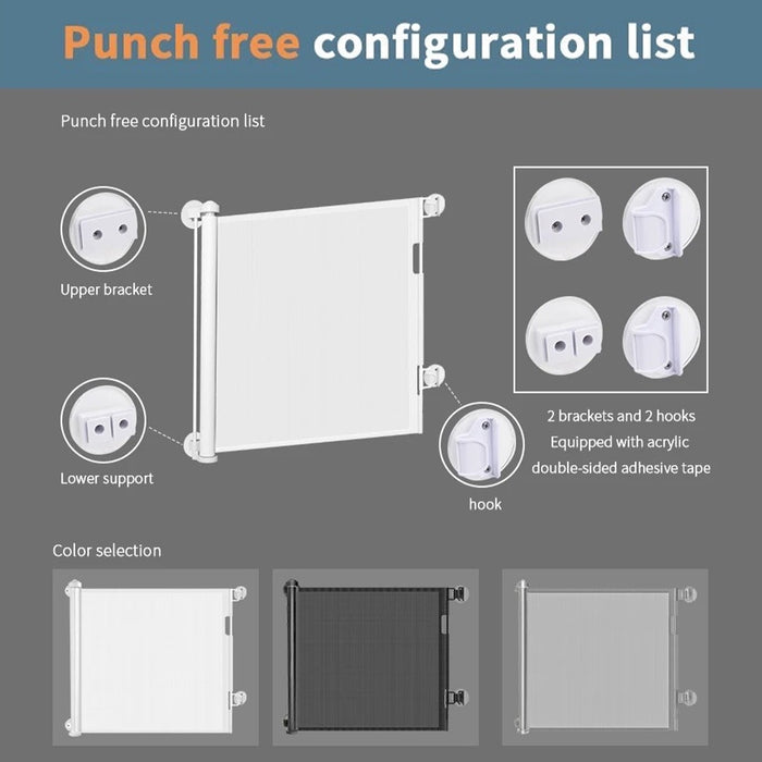 An image displaying the punch-free configuration list for the Retractable Baby and Pet Safety Gate, ensuring easy and non-destructive door installation