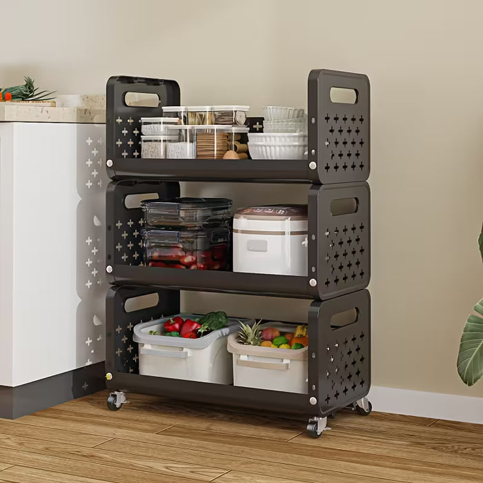 Rolling Metal Storage Cart is Organized with Kitchen Essentials.