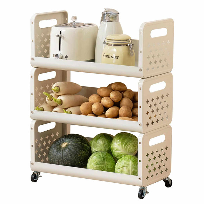 Rolling Metal Storage Cart Organized with Vegetables and Kitchen Essentials.