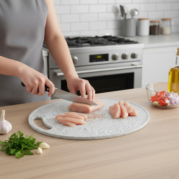 A Person is Cutting Meat Using Chopping Board.