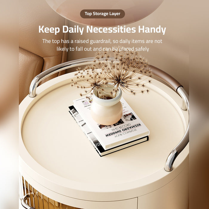 Top Of Round Rolling Storage Cabinet Organized with Decor Items.