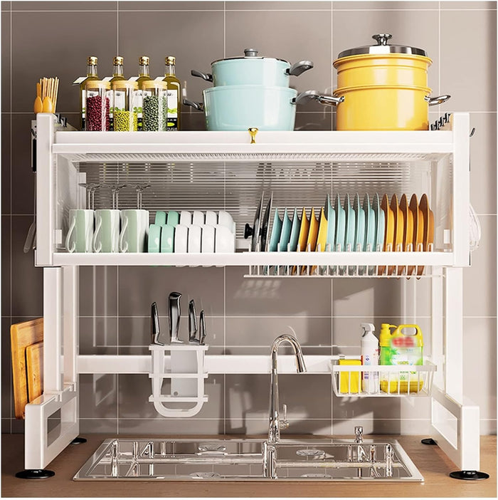 white sink dish drying rack in kitchen