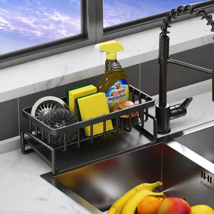 Rustproof Stainless Steel Sink Organizer Rack holding cleaning supplies and fruits, window in the background.