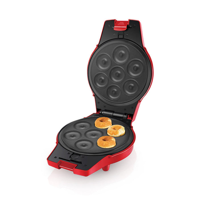 A Saachi electric donut maker with a red body and non-stick plate designed to cook multiple mini donuts at once, shown open with freshly baked donuts.
