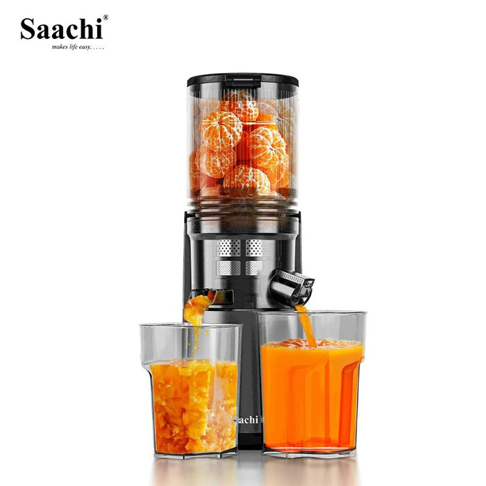 Saachi Slow Juicer NL-JU-4075 with Orange inside feed chute, fresh juice being extracted into glass below.