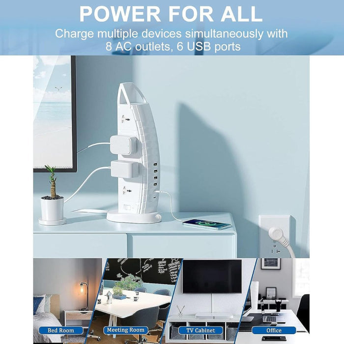 Sailboat Tower Power Strip with wide-spaced outlets on a light gray background with multiple outlets and USB ports on a desk, with text indicating its features.