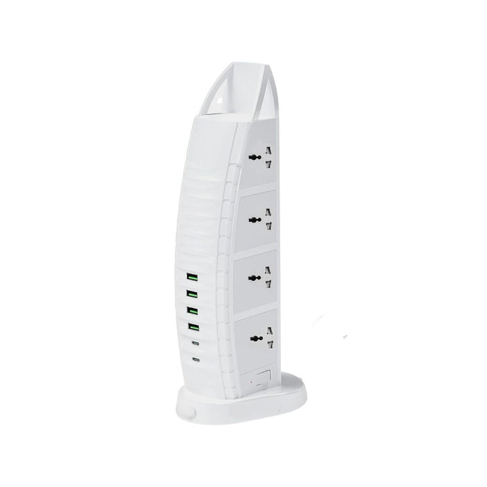White power strip with multiple sockets and USB ports on a white background