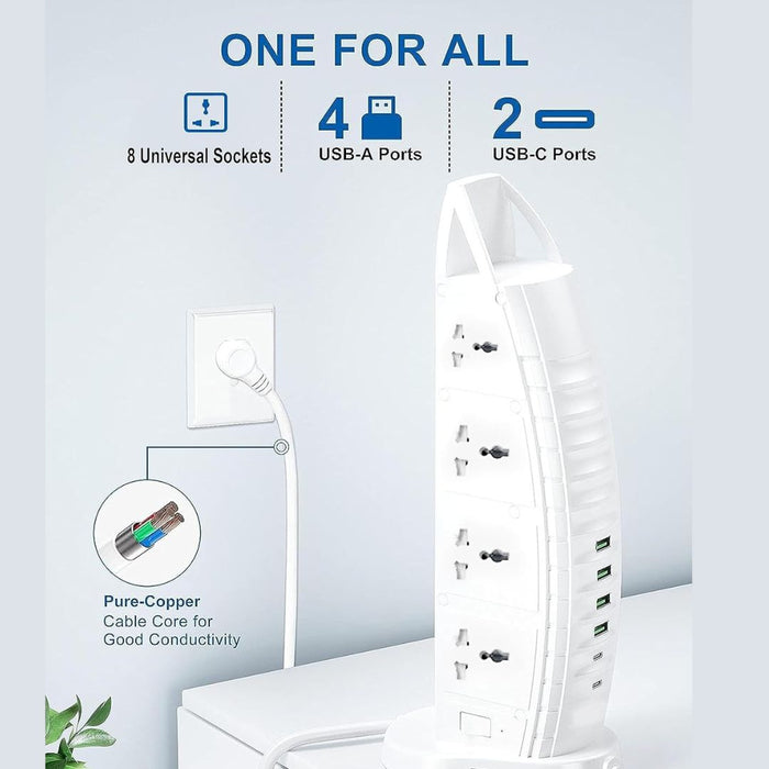 Multifunctional charging station with sockets, USB ports, and Pure-Copper cable feature on a light gray background.