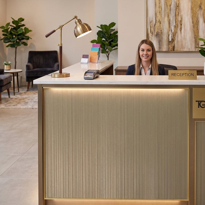 Receptionist at a Satin Bronze Metallic vinyl wrapped hotel desk with a 'Reception' sign, plants, and a lamp.
