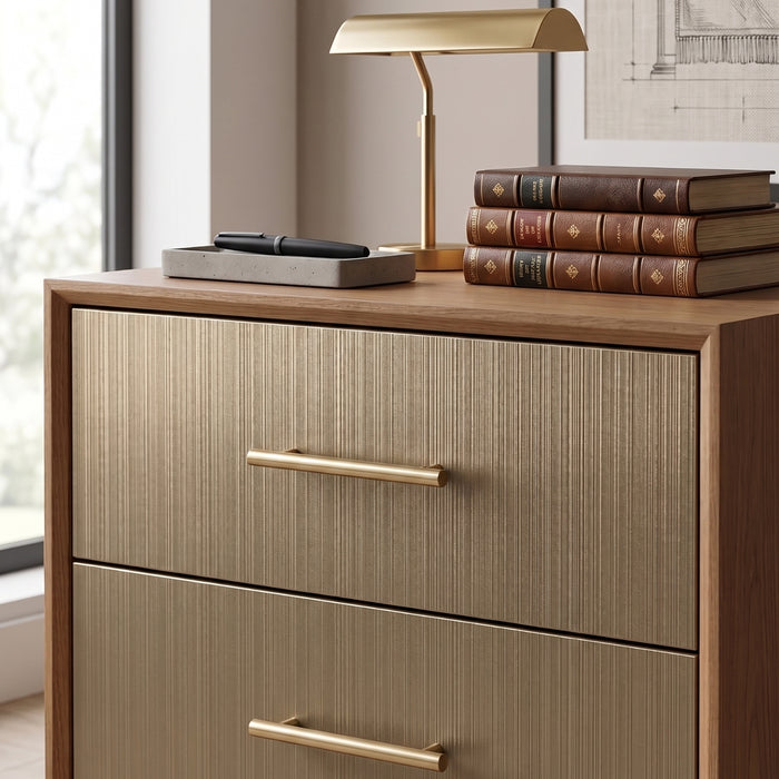 Bronze Metallic vinyl wrapped dresser with gold handles, lamp, and books on a blurred background