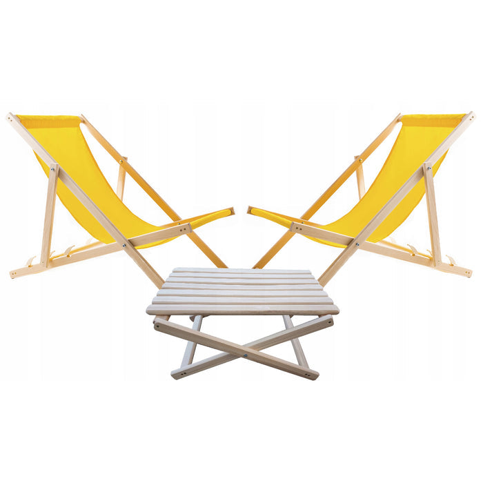 Set of 2 beach chairs, yellow + wooden coffee table Woodok