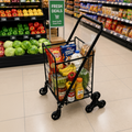 Shopping cart filled with groceries in a supermarket