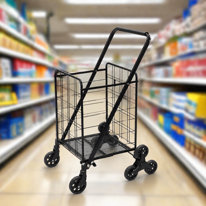 Black shopping cart in a supermarket aisle with blurred shelves in the background