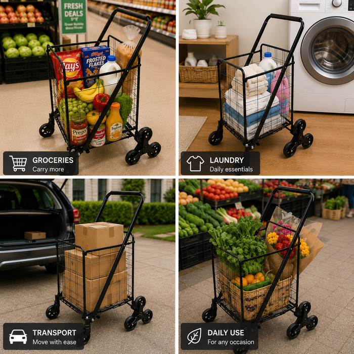Multifunctional shopping cart used for groceries, laundry, transport, and daily use in various settings.