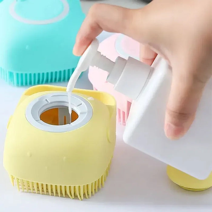 Someone pouring shampoo into a silicone shampoo body bath scrubber comb brush