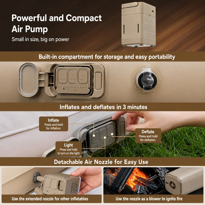 Powerful and compact air pump with features highlighted on a brown background