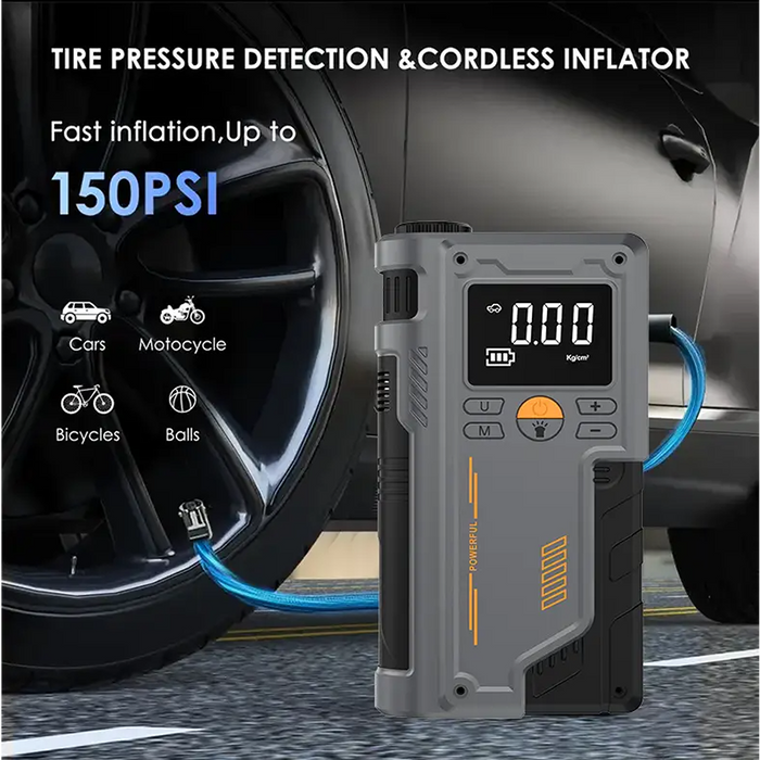 A Smart Air Pump Machine & Car Jump Starter is Connected to Car Tire.