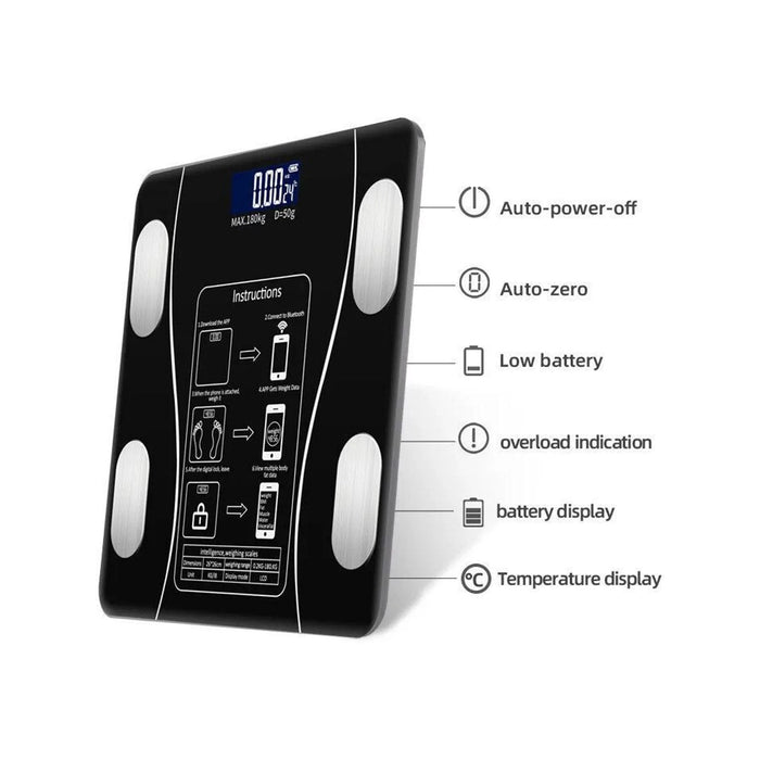 Smart Bluetooth Body Weight Scale, with feature labels on a white background