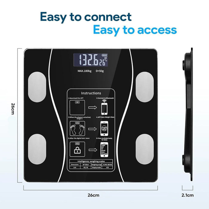 Smart Bluetooth Body Weight Scale with dimensions and connectivity features on a white background