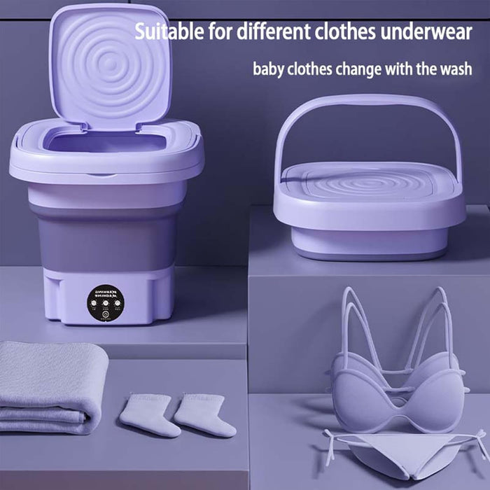 Collapsible washing machine with laundry items on a gray background