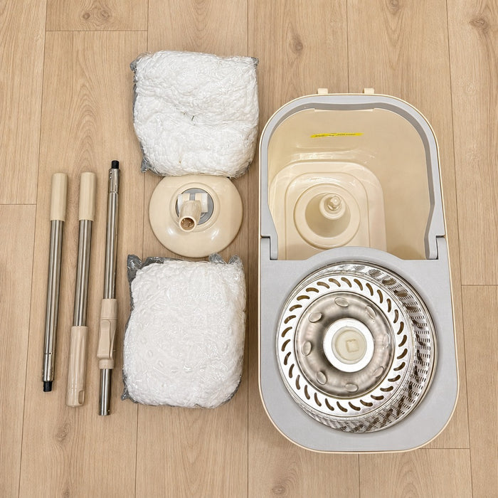 Smart Spin Mop And Bucket with accessories on a wooden floor