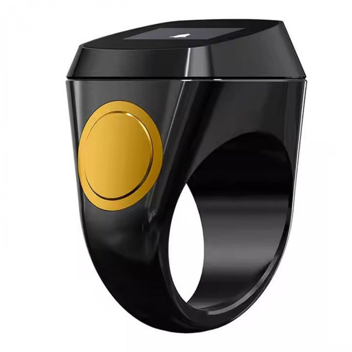 Smart Tasbih Ring Counter with a gold button on a white background