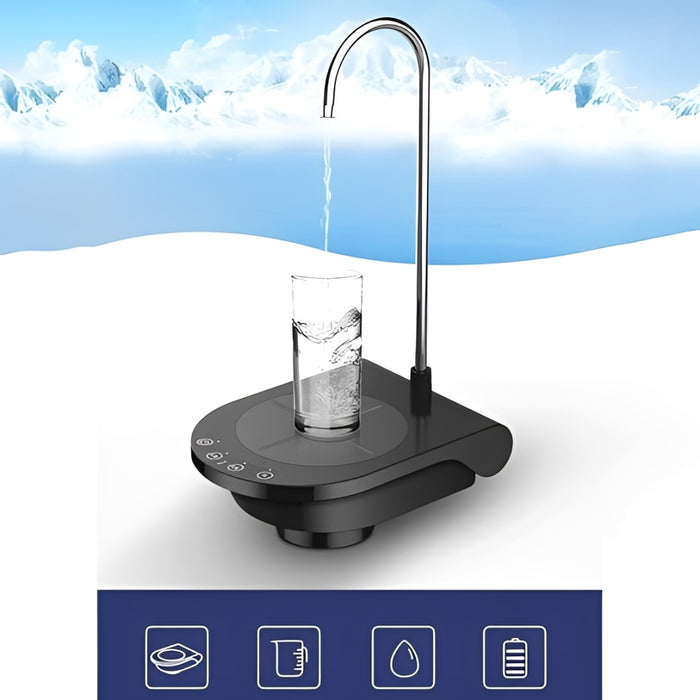 Water dispenser pouring water into a glass with a mountainous background