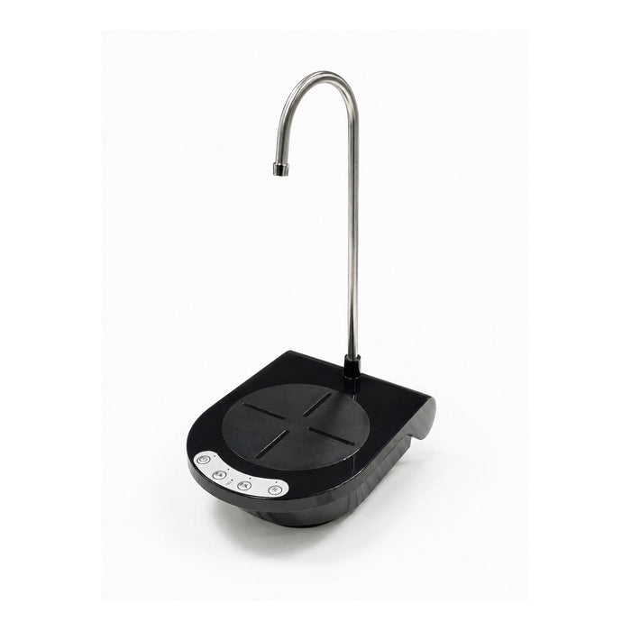Black water dispenser with a curved spout on a white background