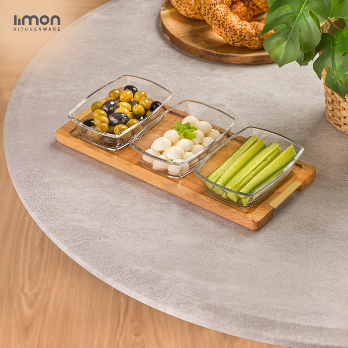A Snack Serving 3-Section Glass Bowl with Wooden Base Tray with Food Items.