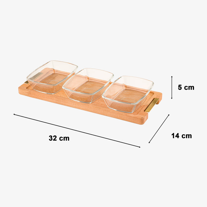 Size Of Snack Serving 3-Section Glass Bowl with Wooden Base Tray.