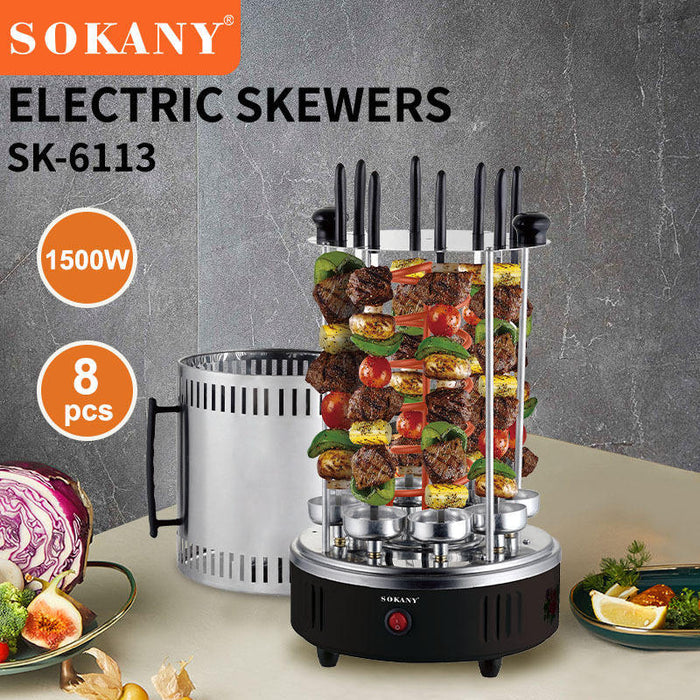 A Sokany Electric Barbecue Skewers Grill is Equipped with Meat and Vegetables.