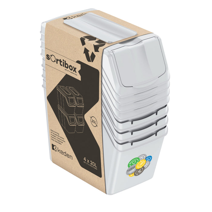 Sortibox 4x20L Recycling Rubbish Bin Garbage Can Set for Segragating Waste Ash Colour ISWB20S4