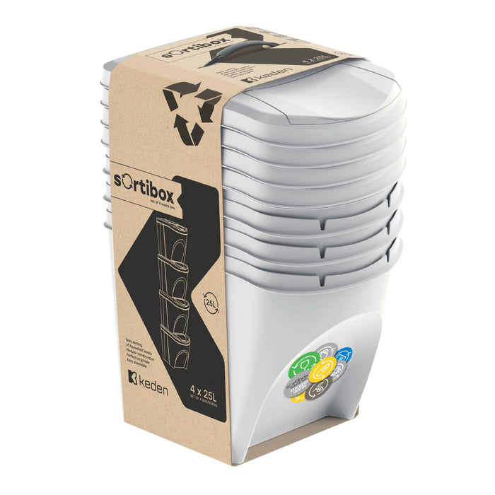 Sortibox 4x25L Recycling Rubbish Bin Garbage Can Set for Segragating Waste Ash Colour IKWB25S4