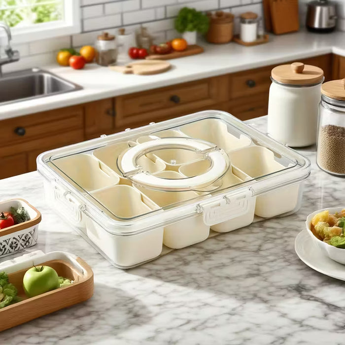 A Spice Grid Divided Serving Tray is Placed at Kitchen.