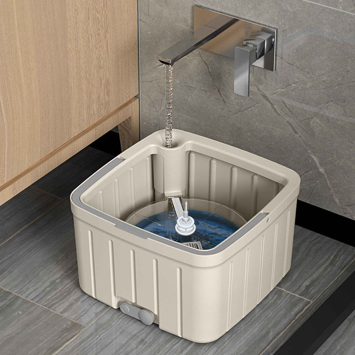 Spin Mop Bucket with running water in a bathroom setting