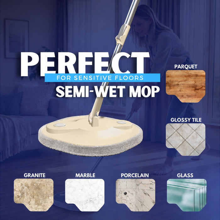Mop of Spin Mop Bucket Set with text indicating suitability for various flooring types on a blue background.