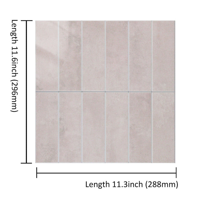 A square tile sample with dimension markings showing a length of 11.6 inch (296 mm) and a width of 11.11.3 inch (288 mm)