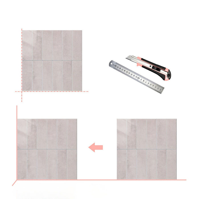 Installation diagram from pink stacked subway tiles and a ruler and craft knife