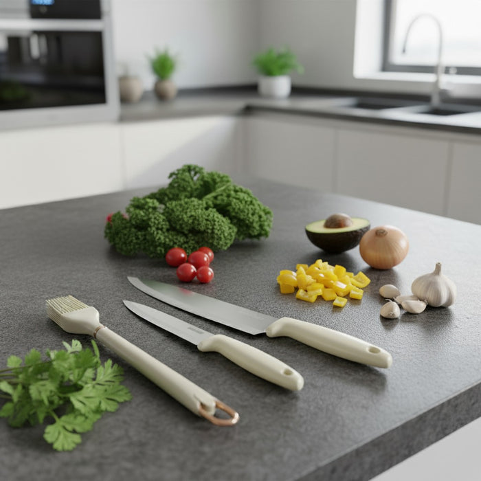 Kitchen Knife Set are Placed on a Kitchen Slab.