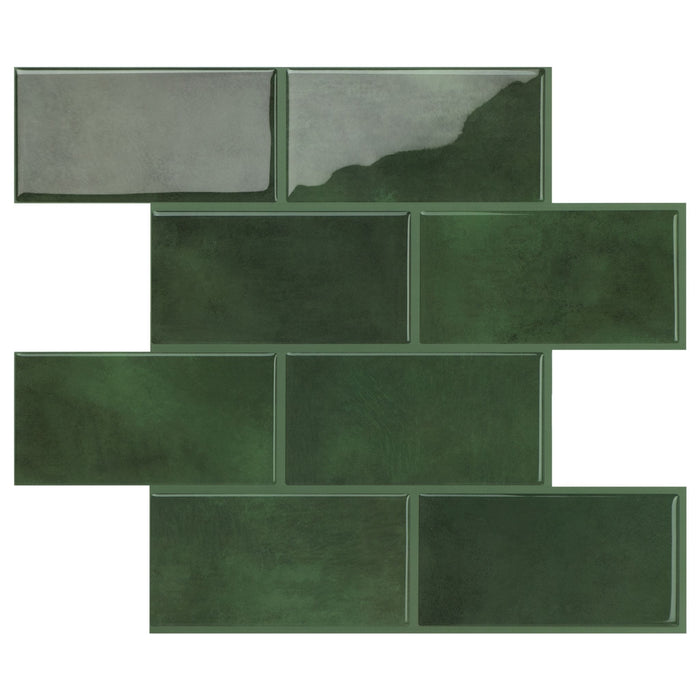 A set of rectangular green subway tiles arranged in a staggered brick pattern against a plain white background.
