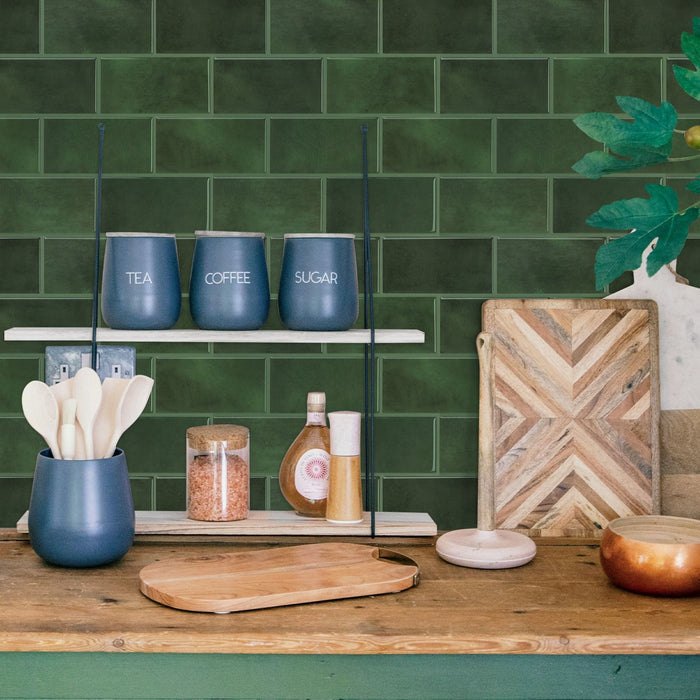 Green stacked subway tiles in a kitchen lifestyle