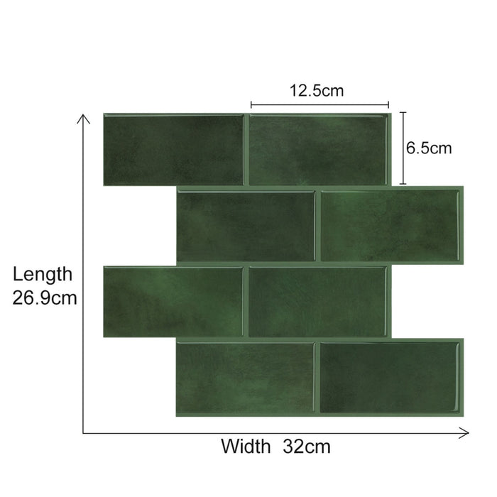 Green rectangular wall tiles arranged in a staggered brick pattern with dimension labels showing 26.9 cm length and 32 cm width