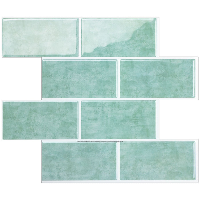 A set of rectangular wall tiles in a watercolor-style mint green and pale sage green finish, arranged in a staggered brick layout on a white background.