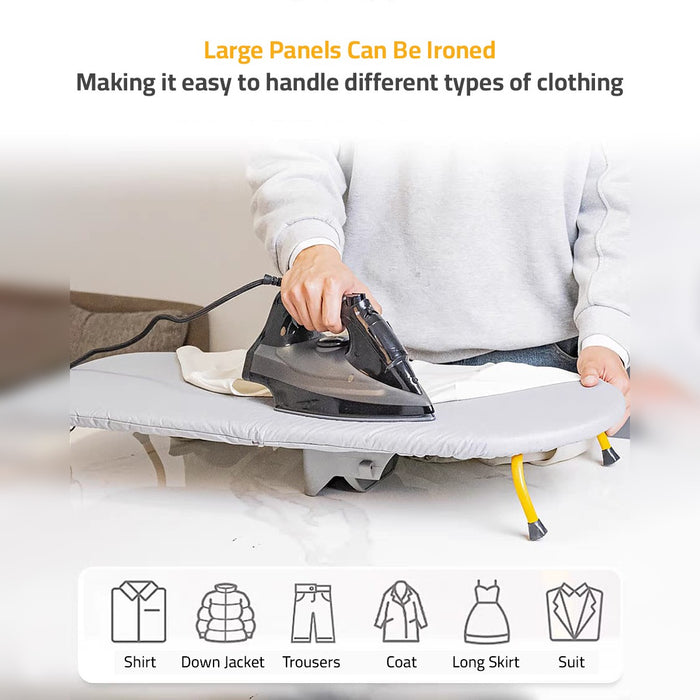A Person is Ironing Cloths in a Tabletop Foldable Ironing Board With Iron Holder.